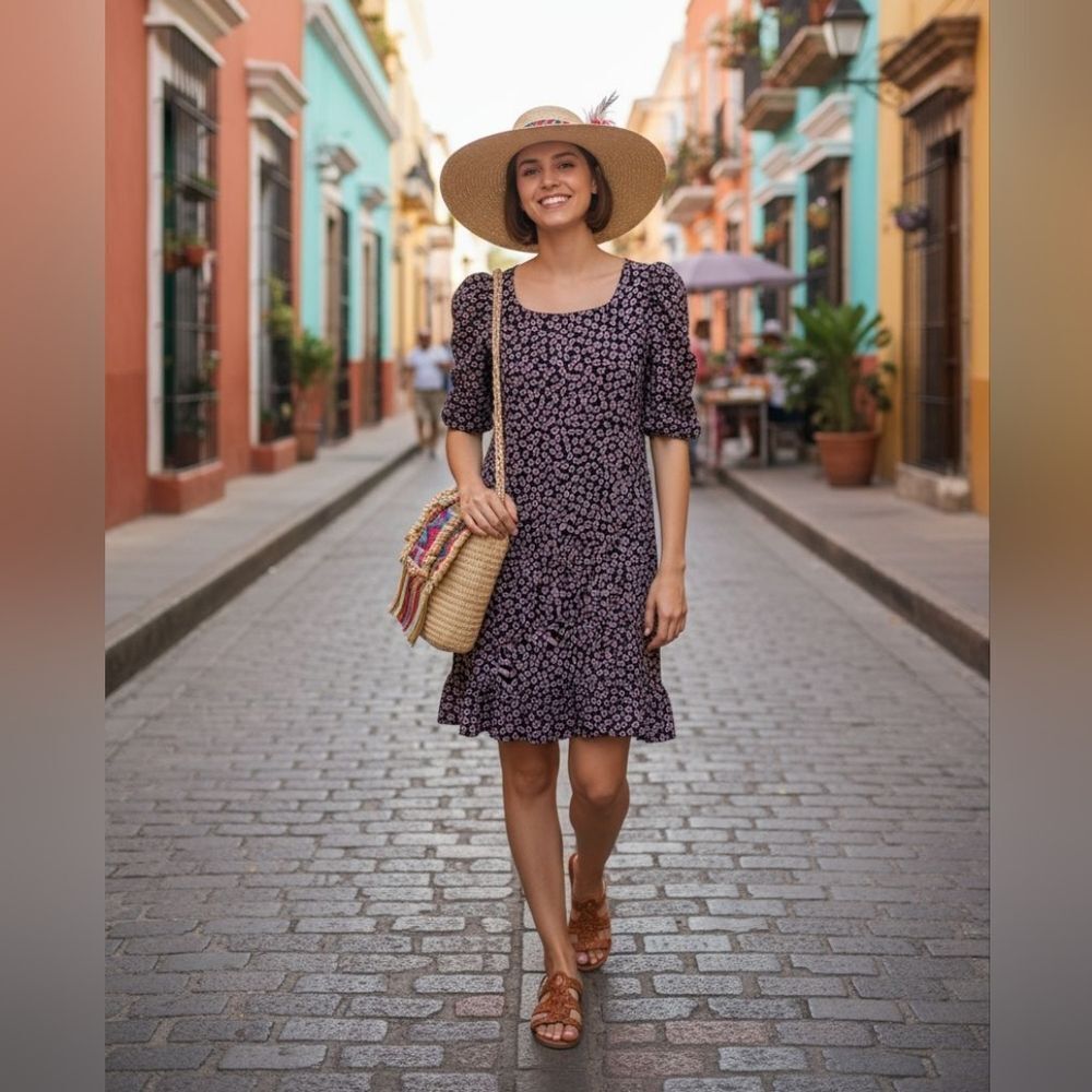 CeCe Floral Mini Dress in Black and Purple